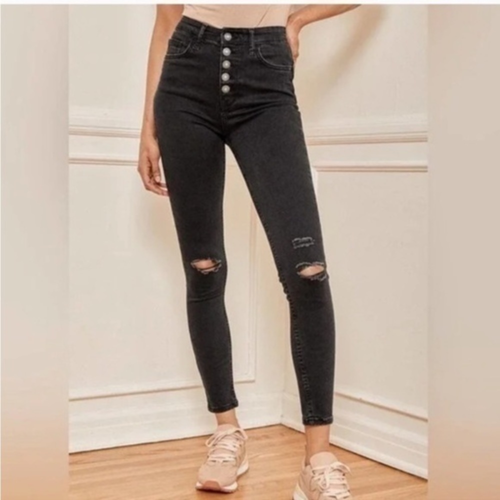 Free People Jeans Sabrina Black High Rise Distressed Super Skinny Denim